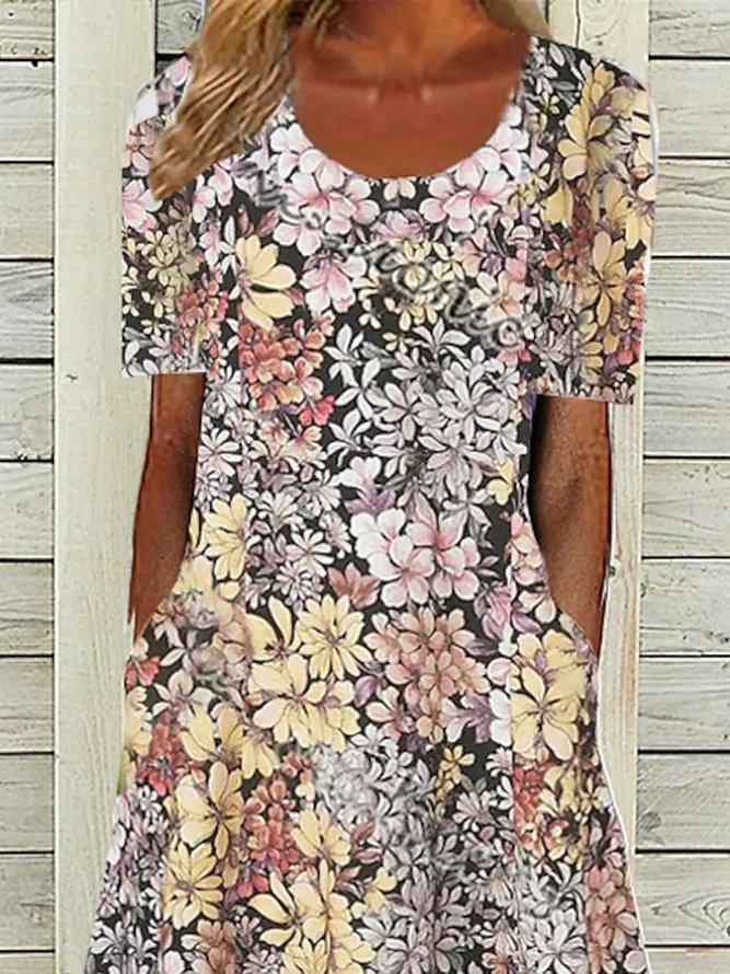 JFN Crew Neck Floral Pockets Vacation Midi Dress