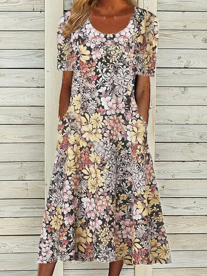 JFN Crew Neck Floral Pockets Vacation Midi Dress