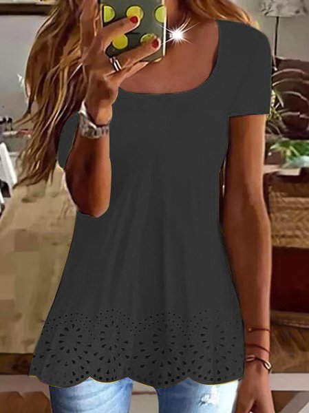 JFN Basic Short-sleeved Top With Round Neck Hem And Flower Design T-shirt/Tee