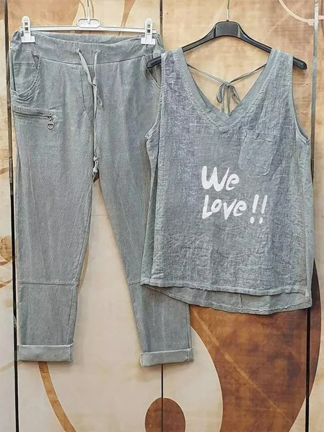 Gray Letter Sleeveless Casual Two Piece Sets