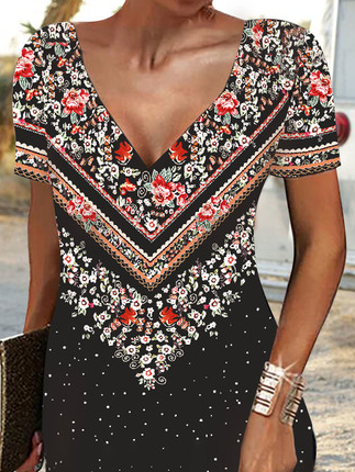 Ethnic Floral Placement Print V-neck Short-sleeve Knitted Dress