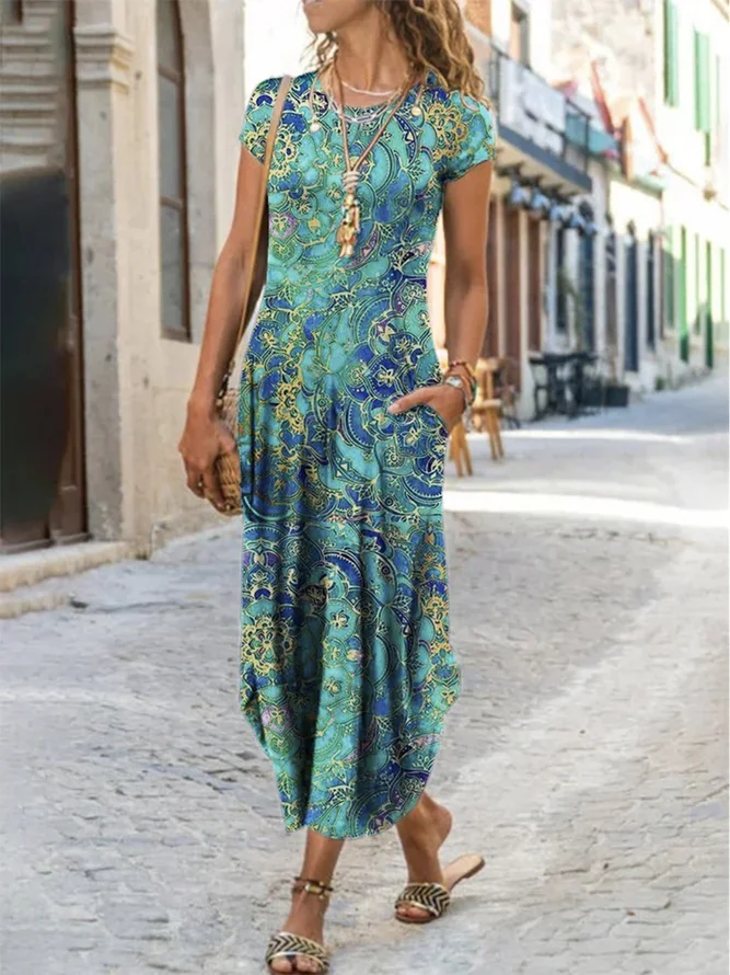 JFN Round Neck Ombre Paisley Boho Vintage Midi Dress