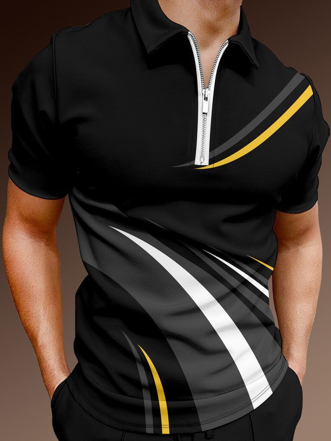Casual Art Collection Geometric Stripe Pattern Lapel Short Sleeve Polo Print Top