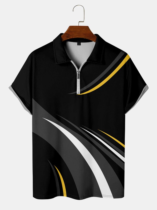 Casual Art Collection Geometric Stripe Pattern Lapel Short Sleeve Polo Print Top