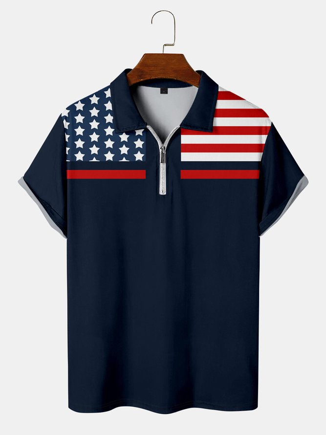 Casual Festive Collection Geometric Stripes Color Block American Flag Pattern Lapel Short Sleeve Polo Print Top