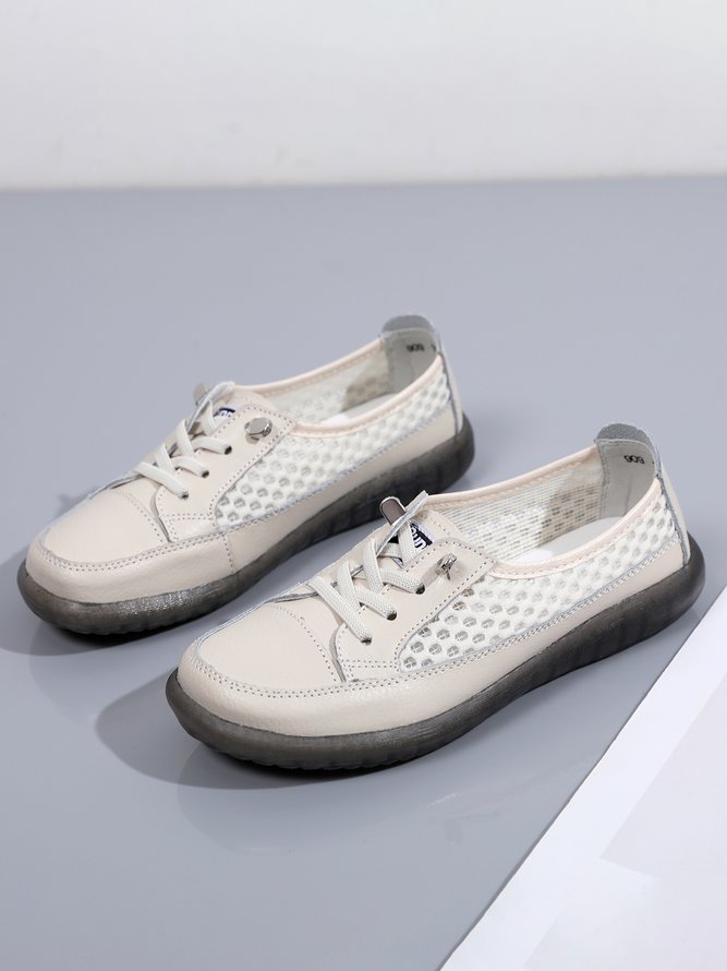 JFN Leather Stitching Breathable Hollow Mesh Soft Lace Up Flat Shoes