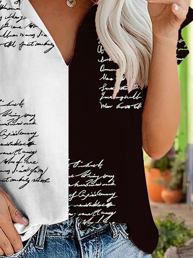 Ruffled Sleeves Text Letters Colorblock Loose Tops