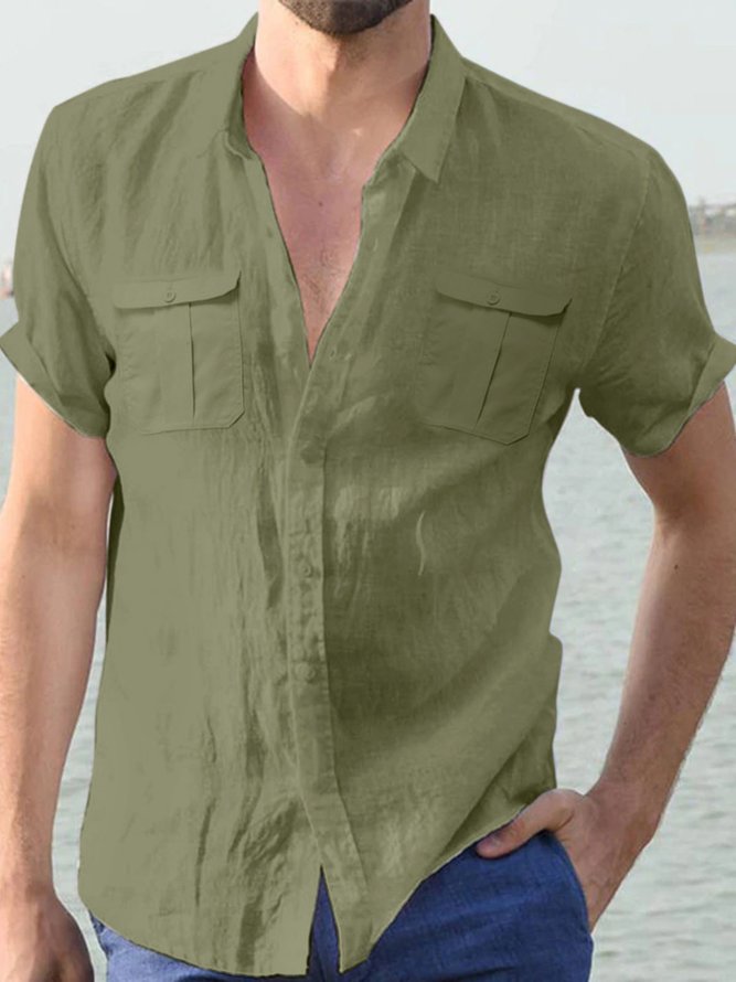 Men's Lapel Solid Color Short Sleeve Men's Linen Double Pocket Shirt