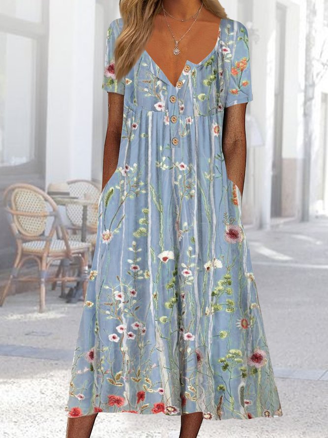 JFN Henley Floral Loose Pockets Casual Midi Dress