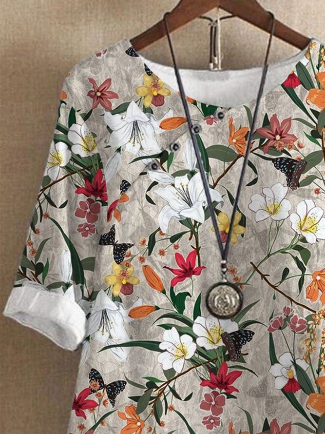 JFN Crew Neck Floral Buttoned Tops