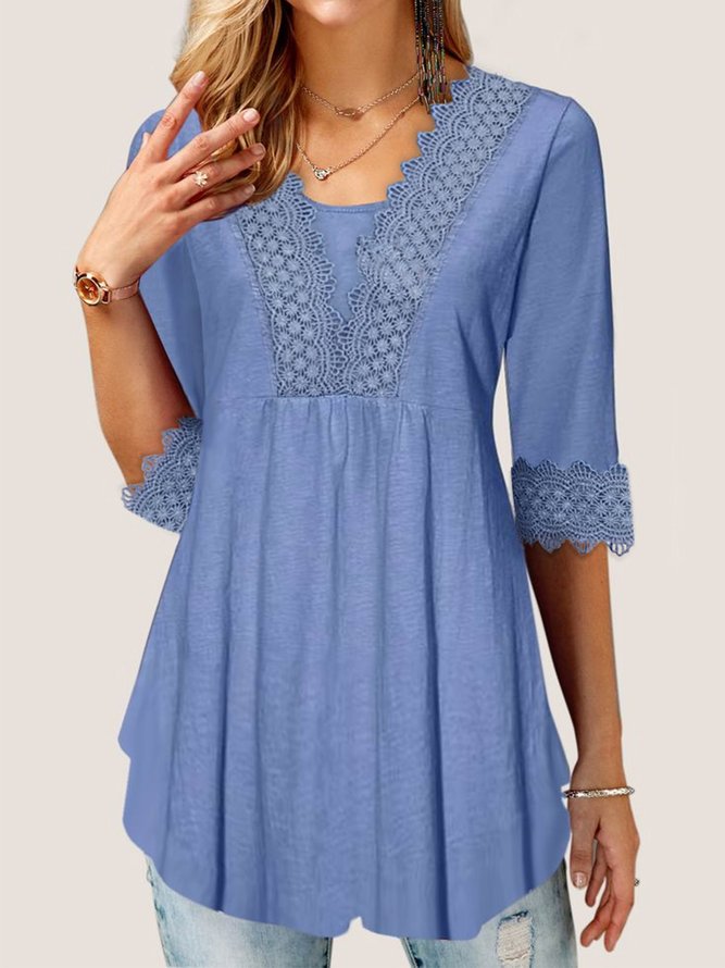 JFN Casual Ruched Plain Lace Tunic Tops
