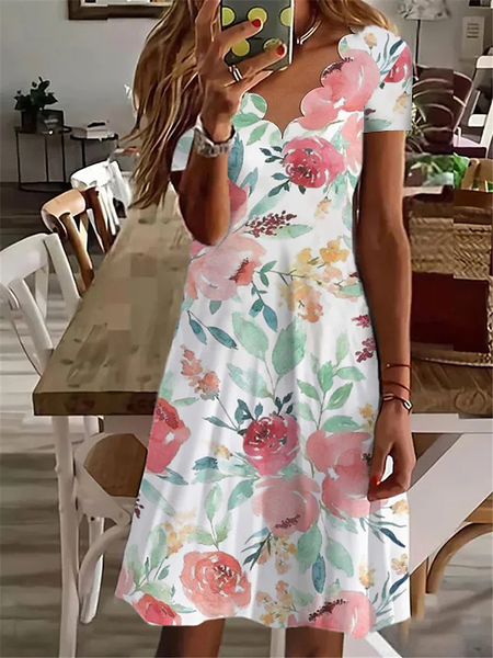 Fit Vacation Floral V neck Short sleeve Dresses