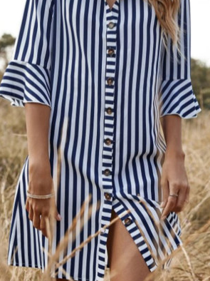 Shirt Collar Striped Loose Dress