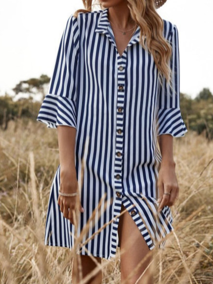 Shirt Collar Striped Loose Dress