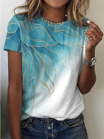 JFN Crew Neck Ombre Color Block Leaves Floral Casual Cotton-Blend T-Shirt