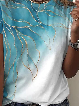 JFN Crew Neck Ombre Color Block Leaves Floral Casual Cotton-Blend T-Shirt