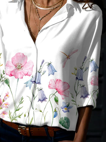 Floral Shawl Collar Regular Fit Casual Blouse