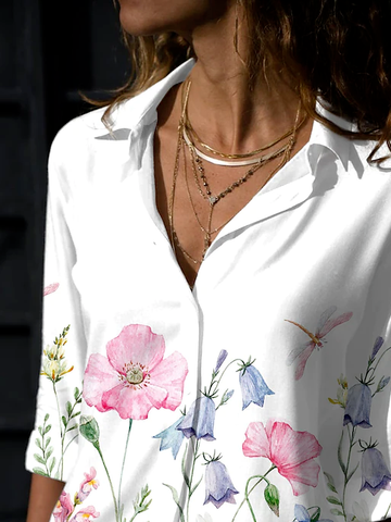 Floral Shawl Collar Regular Fit Casual Blouse