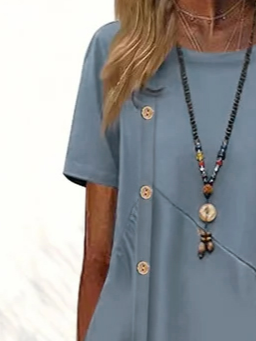 JFN Round Neck Plain Short sleeve Buttoned Casual Midi Dresses