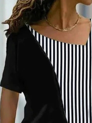 JFN Asymmetrical Neck Striped Color Block Basic Casual Cotton-Blend T-Shirt/Tee