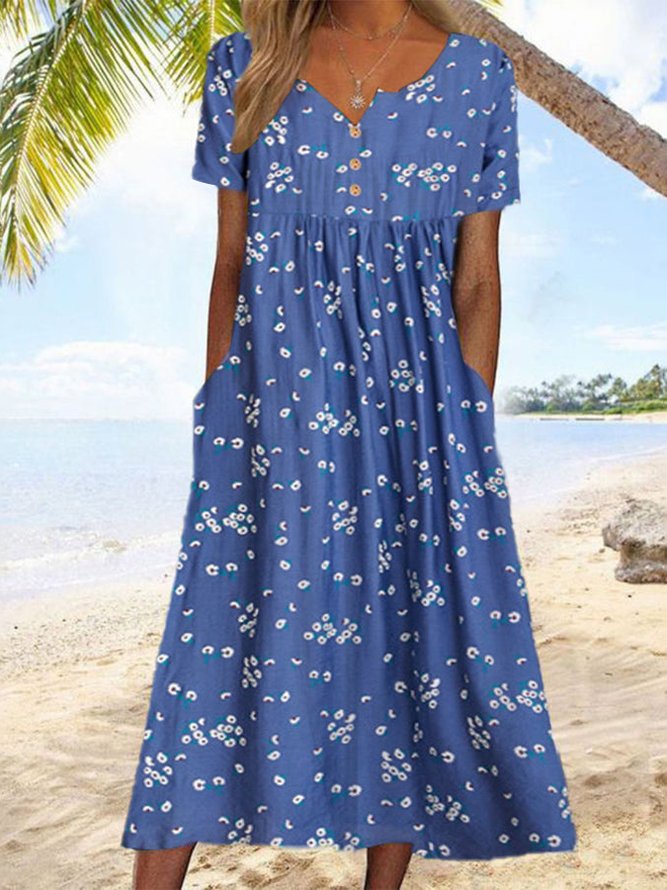 Casual Floral Loose Notched Neck Dresses