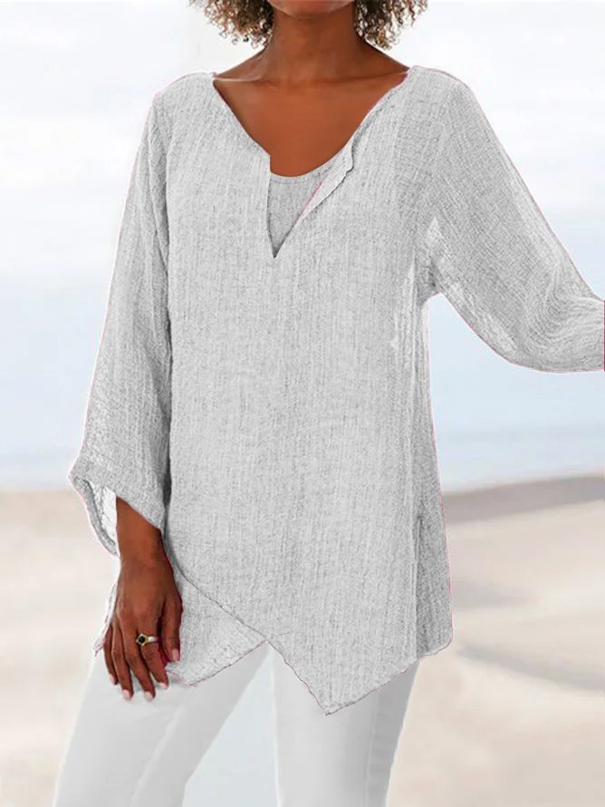Cotton Linen Shirts for Women Asymmetric Hem Loose Fit Long Sleeve Tunic Top