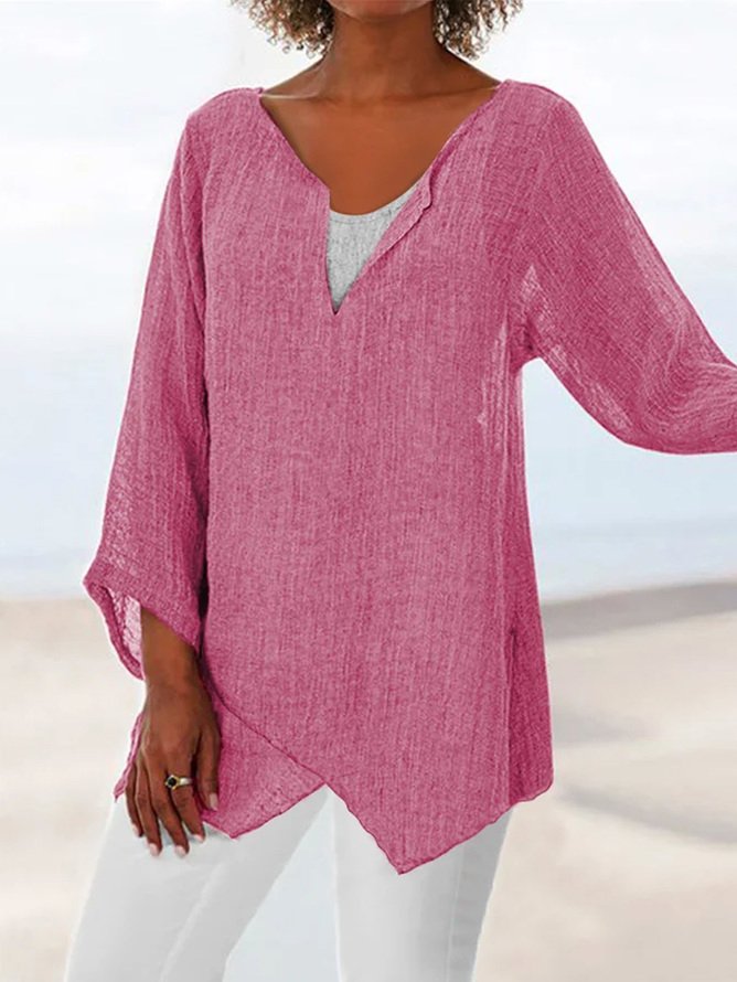 Cotton Linen Shirts for Women Asymmetric Hem Loose Fit Long Sleeve Tunic Top