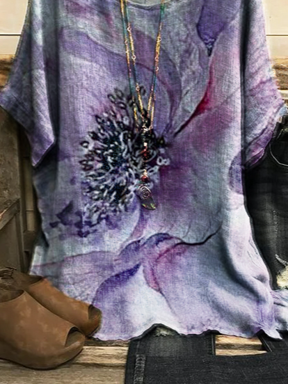 JFN Crew Neck Floral Casual Vacation Tops Purple