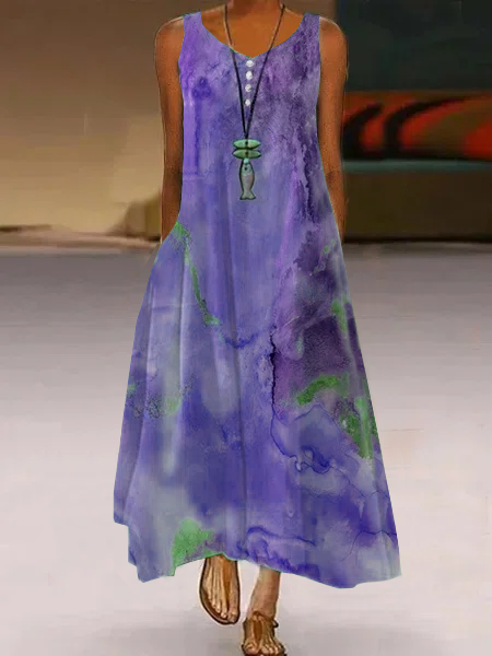Women's Maxi Dress Sleeveless Abstract Printed Spring Summer Crew Neck Lightweight Dressy Dress