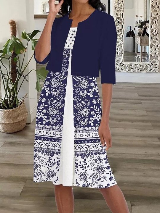 Casual Ethnic Floral Patchwork Design Crew Neck Knit Dress