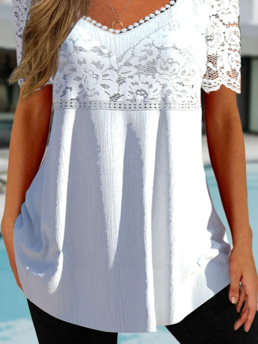 JFN Square Neck White Lace Patchwork Daily Sweetheart Neckline Tunic Blouse Dressy Tunic Top