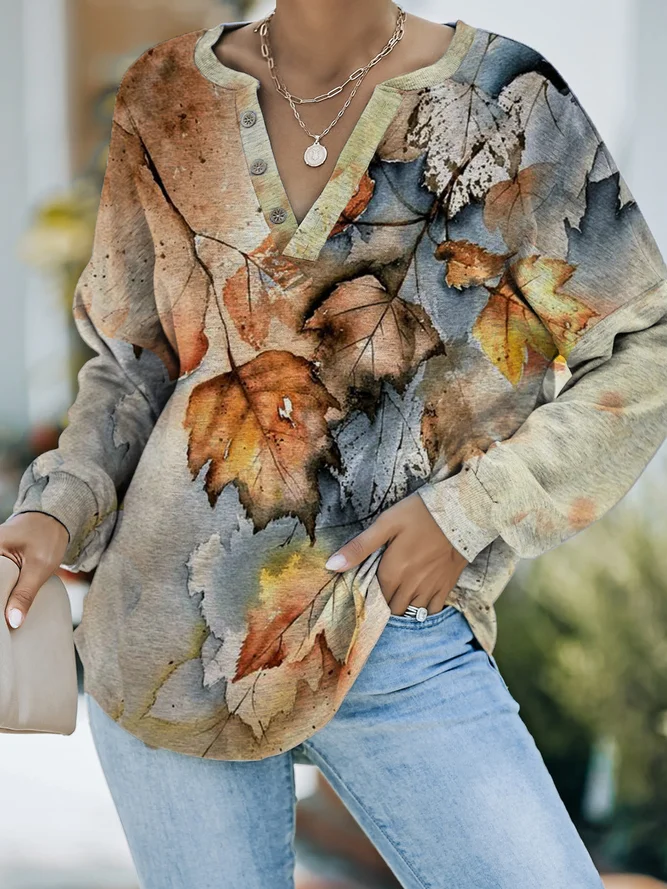JFN V Neck Casual Cotton-Blend Maple Leaf Print Buttoned Sweatshirt