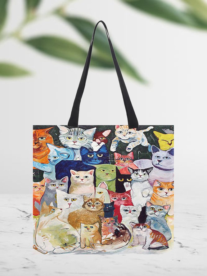 Cat Motif Large Capacity Canvas Shopper Tote Bag