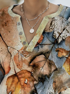 JFN V Neck Casual Cotton-Blend Maple Leaf Print Buttoned Sweatshirt