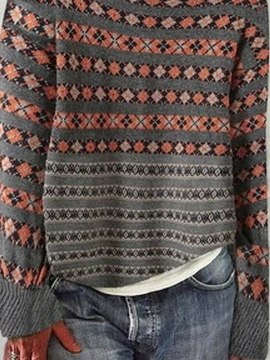 Women Geometric Casual Autumn Micro-Elasticity Long sleeve Crew Neck Yarn/Wool yarn Regular Regular Sweater