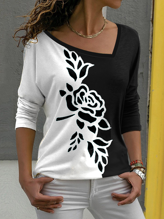 JFN Asymmetrical Neck Floral Rose Color Block Casual Long Sleeve Tops T-shirt/Tee