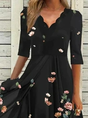 JFN V Neck Casual Floral Midi Swing Prom Dress