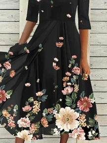 JFN V Neck Casual Floral Midi Swing Prom Dress
