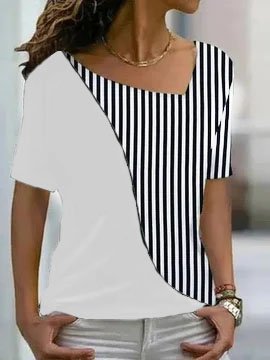 JFN Asymmetrical Neck Striped Color Block Basic Casual Cotton-Blend T-Shirt/Tee