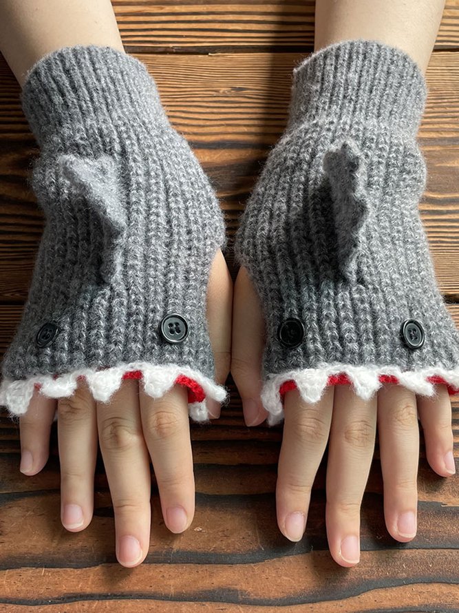 Retro Cartoon Shark Pattern Gloves Warm Knit Gloves