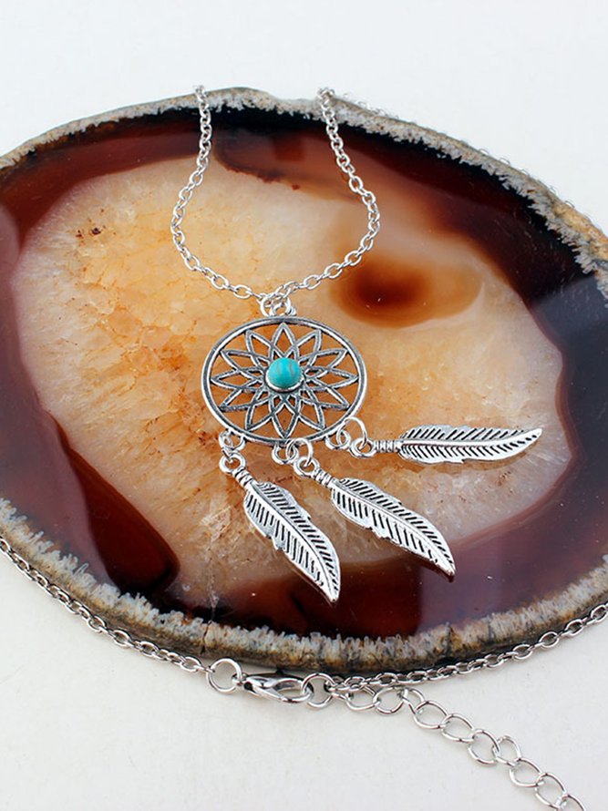 Ethnic Vintage Turquoise Necklace Feather Dream Catcher Sweater Chain