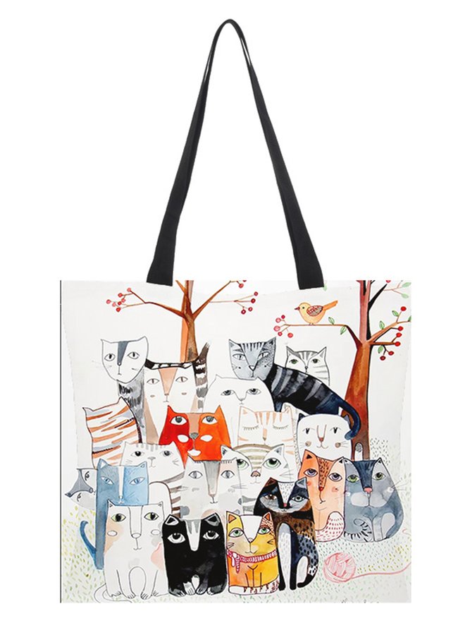 Cat Motif Large Capacity Canvas Shopper Tote Bag