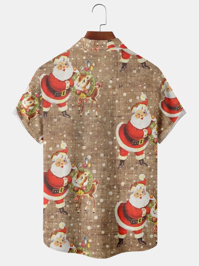 Casual Festive Collection Vintage Santa and Elk Elements Pattern Lapel Short Sleeve Shirt Print Top