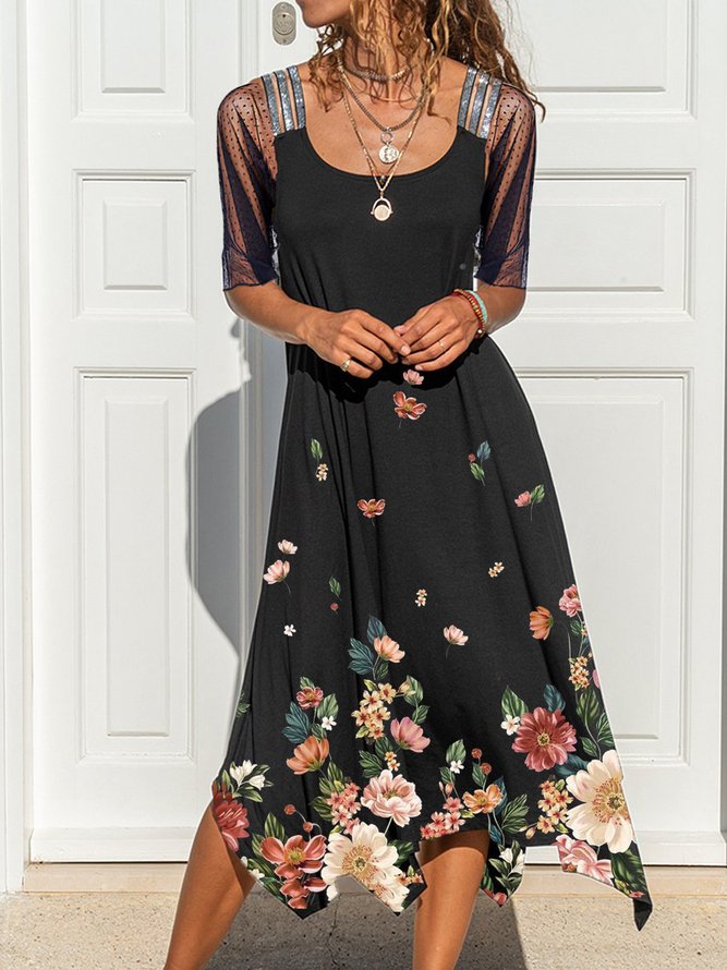 JFN Square Neck Square Neck Floral Midi Prom Dress
