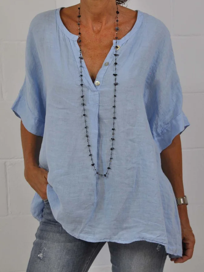 Casual Cotton Plain Blouse V Neck Tunic Shirt