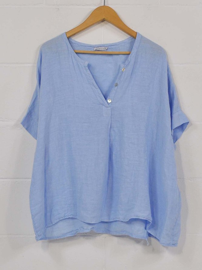 Casual Cotton Plain Blouse V Neck Tunic Shirt