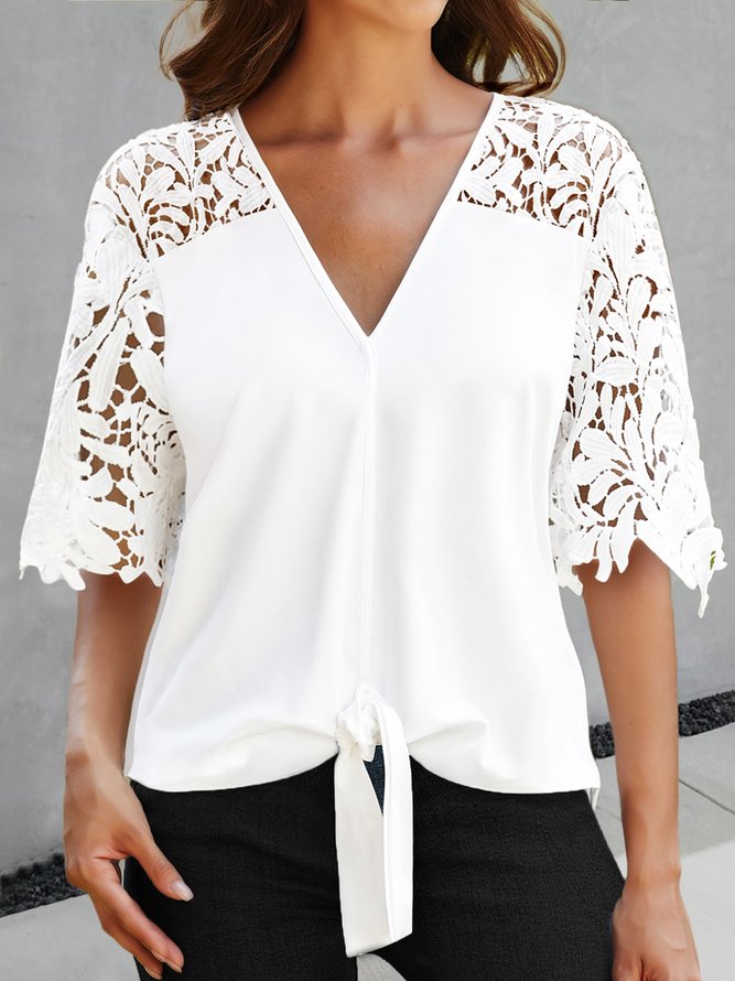 JFN V Neck Lace Casual Plain Knot Front Loose Top