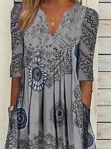 JFN V Neck Loose Ethnic Midi Dress