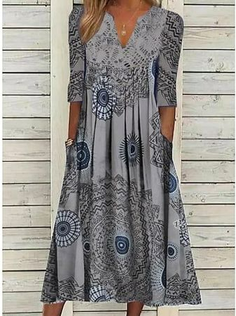 JFN V Neck Loose Ethnic Midi Dress