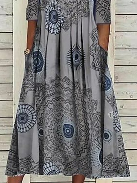 JFN V Neck Loose Ethnic Midi Dress